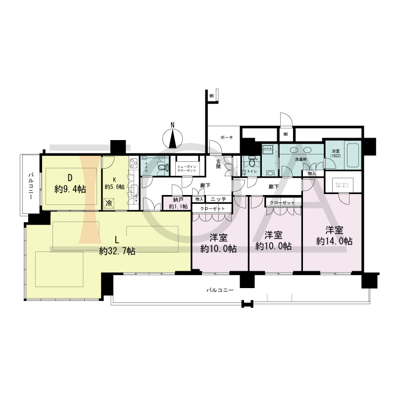 MJR堺筋本町タワーの間取り図 南西向き角　3LDK+N+WIC+SIC　専有面積185.09m2
バルコニー面積36.10m2
ポーチ面積4.04m2