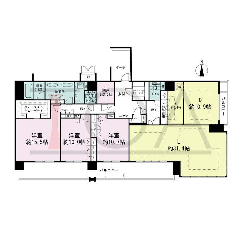 MJR堺筋本町タワーの間取り図 南向き角　3LDK+N+WIC+SIC　専有面積205.86m2
バルコニー面積36.49m2
ポーチ面積8.67m2