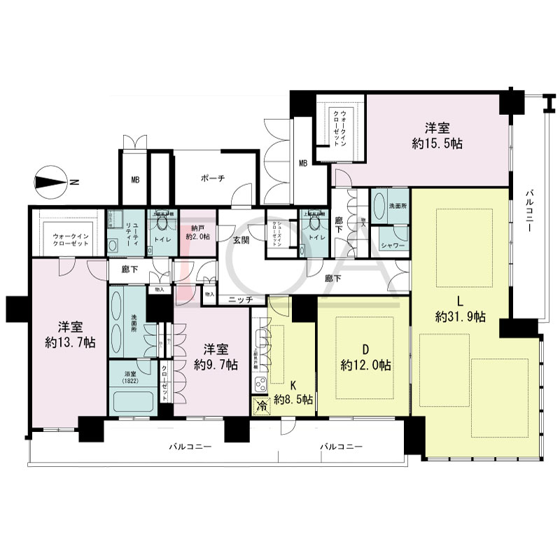 MJR堺筋本町タワーの間取り図 東向き角　3LDK+N+WIC+SIC　専有面積223.61m2
バルコニー面積40.80m2
ポーチ面積8.39m2