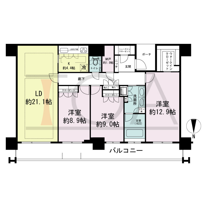 MJR堺筋本町タワーの間取り図 北向き　3LDK+N+WIC+SIC　専有面積131.46m2
バルコニー面積22.62m2
ポーチ面積4.61m2