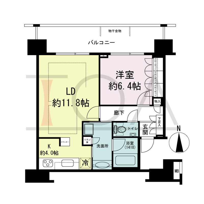 ヴィークタワー南堀江の間取り図 北向き 1LDK 専有面積53.78m2
バルコニー面積14.22m2