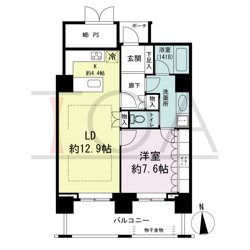 グランドメゾン大手前タワーの間取り図 南向き　1LDK　専有面積60.64m2
バルコニー面積13.32m2
ポーチ面積2.16m2