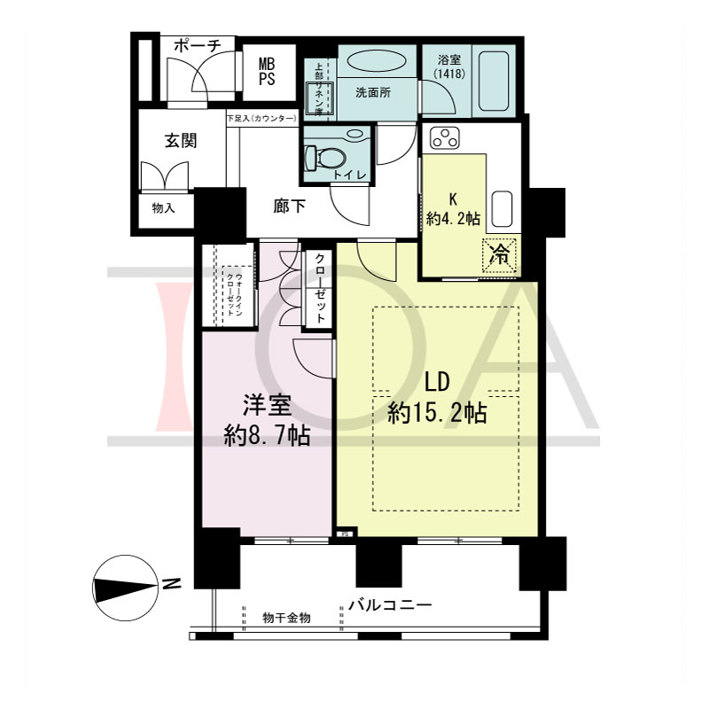 グランドメゾン大手前タワーの間取り図 東向き　1LDK+WIC　専有面積72.22m2
バルコニー面積12.39m2
ポーチ面積2.29m2