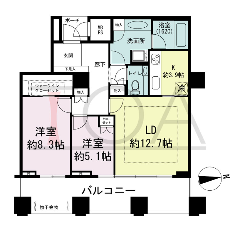 グランドメゾン大手前タワーの間取り図 東向き　3LDK+WIC　専有面積78.81m2
バルコニー面積19.64m2
ポーチ面積2.29m2