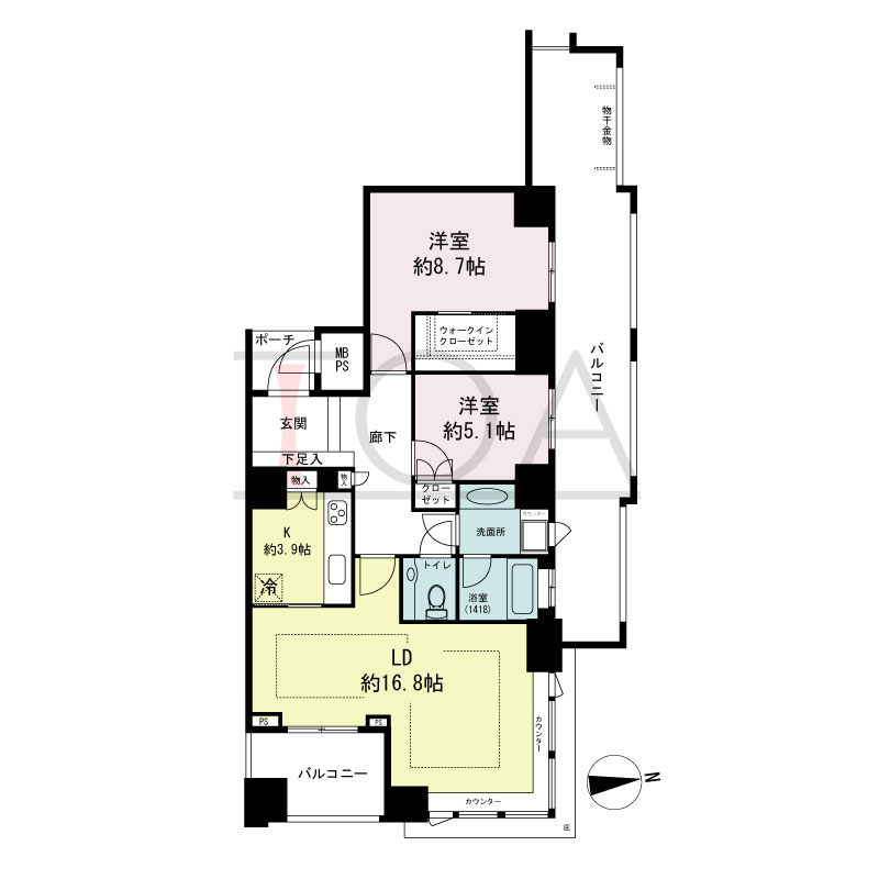 グランドメゾン大手前タワーの間取り図 東向き角　2LDK+WIC　専有面積82.74m2
バルコニー面積30.17m2
ポーチ面積2.15m2