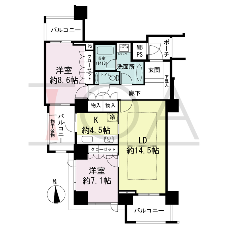 グランドメゾン大手前タワーの間取り図 南向き角　2LDK　専有面積83.23m2
バルコニー面積17.71m2
ポーチ面積3.12m2