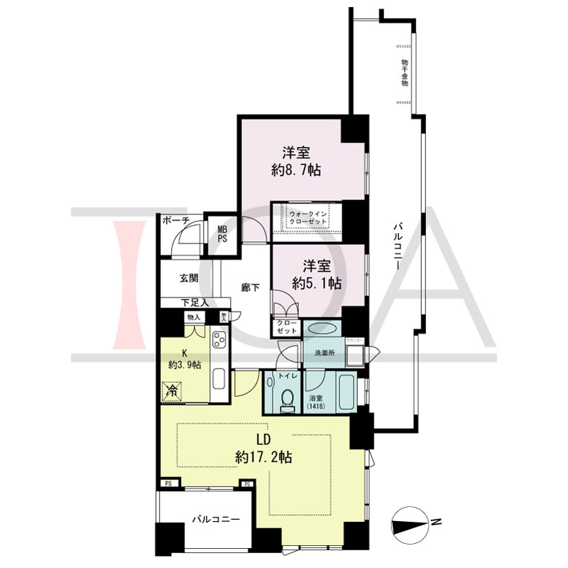 グランドメゾン大手前タワーの間取り図 東向き角　2LDK+WIC　専有面積83.37m2
バルコニー面積30.17m2
ポーチ面積2.15m2