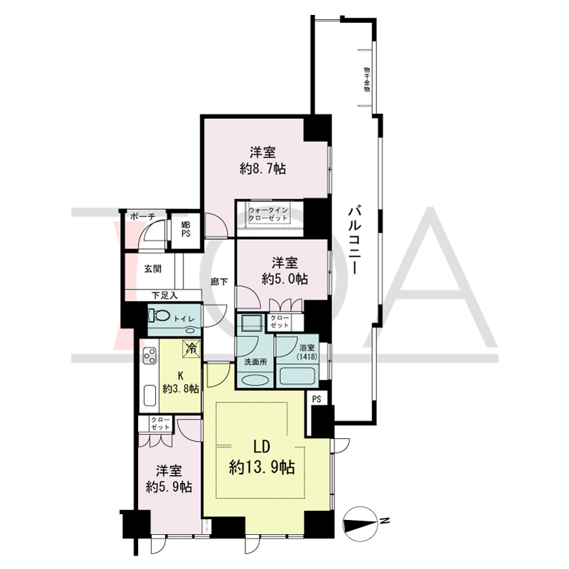 グランドメゾン大手前タワーの間取り図 北東向き角　3LDK+WIC　専有面積86.46m2
バルコニー面積23.89m2
ポーチ面積2.15m2