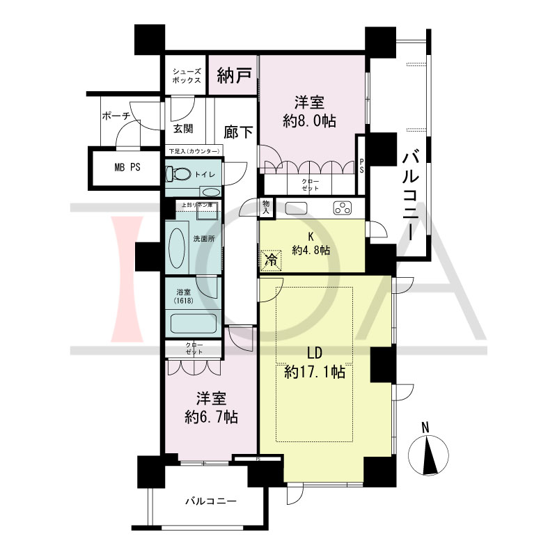 グランドメゾン大手前タワーの間取り図 南東向き角　2LDK+N+SIC　専有面積89.32m2
バルコニー面積19.41m2
ポーチ面積3.30m2