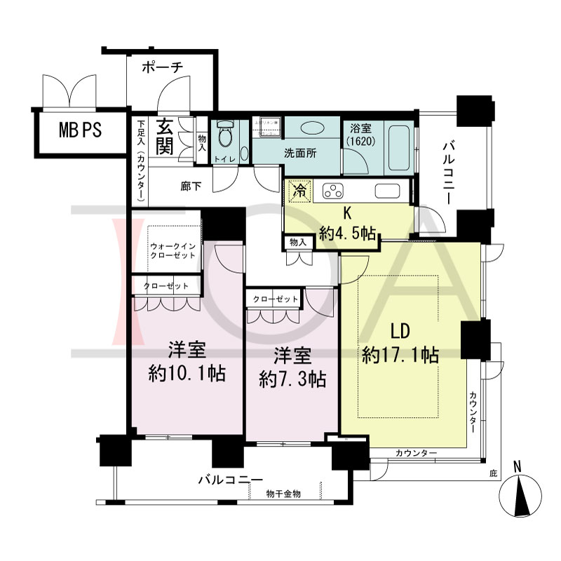 グランドメゾン大手前タワーの間取り図 南東向き角　2LDK+WIC　専有面積95.98m2
バルコニー面積19.36m2
ポーチ面積4.58m2