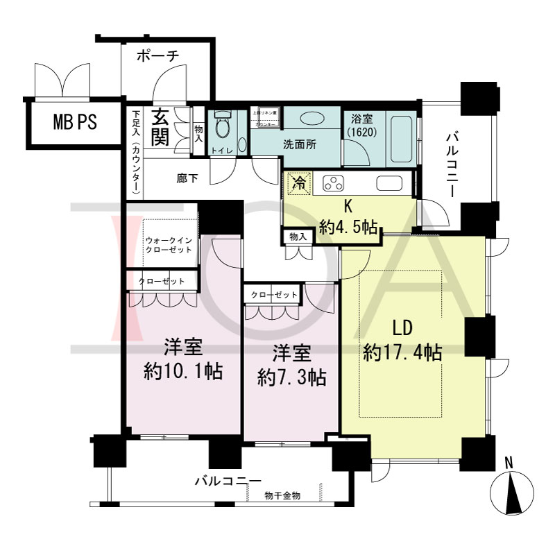 グランドメゾン大手前タワーの間取り図 南東向き角　2LDK+WIC　専有面積96.59m2
バルコニー面積19.36m2
ポーチ面積4.58m2