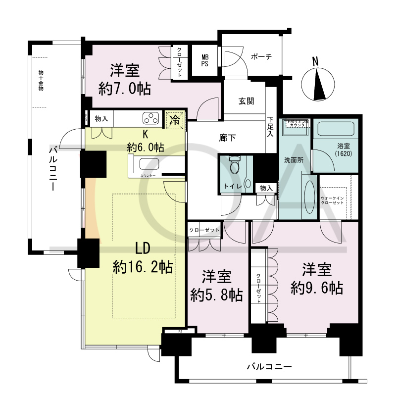 グランドメゾン大手前タワーの間取り図 南西向き角　3LDK+WIC　専有面積105.59m2
バルコニー面積27.06m2
ポーチ面積4.30m2