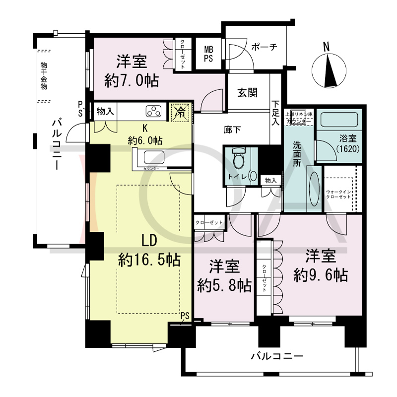 グランドメゾン大手前タワーの間取り図 南西向き角　3LDK+WIC　専有面積106.17m2
バルコニー面積27.06m2
ポーチ面積4.30m2
