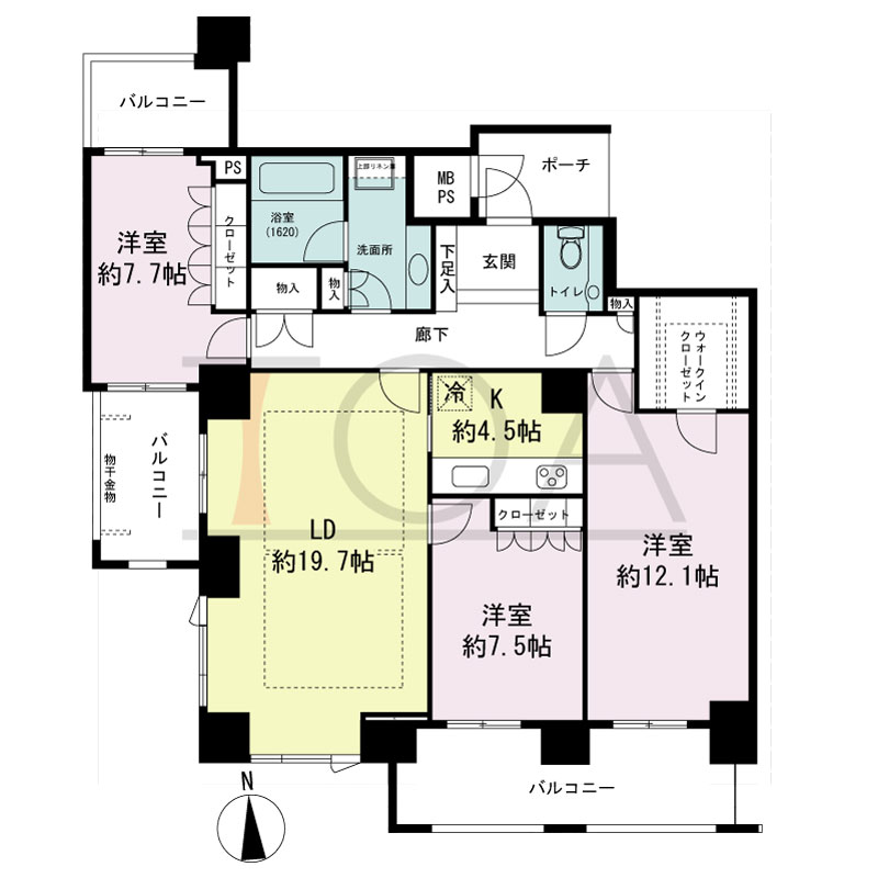 グランドメゾン大手前タワーの間取り図 南西向き角　3LDK+WIC　専有面積117.04m2
バルコニー面積24.33m2
ポーチ面積4.77m2