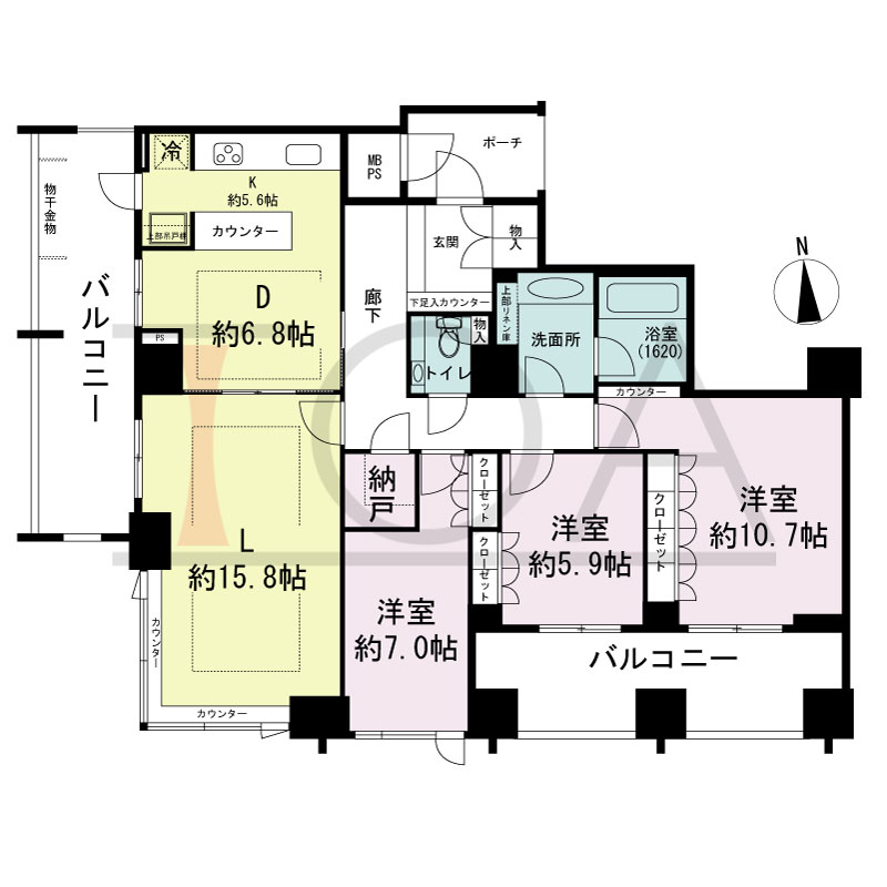 グランドメゾン大手前タワーの間取り図 西向き角　3LDK+N　専有面積118.35m2
バルコニー面積30.26m2
ポーチ面積4.77m2