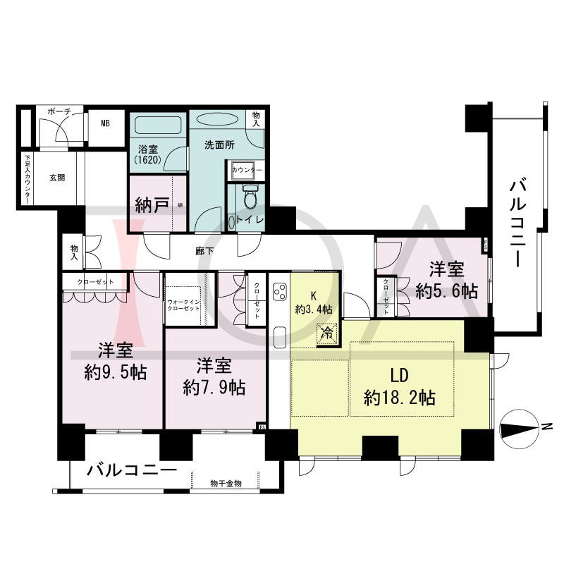 グランドメゾン大手前タワーの間取り図 東向き角　3LDK+N+WIC　専有面積118.93m2
バルコニー面積23.38m2
ポーチ面積2.29m2