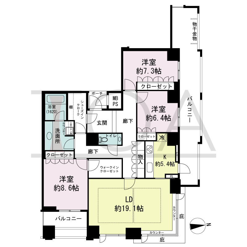 グランドメゾン大手前タワーの間取り図 東向き角　2LDK　専有面積120.26m2
バルコニー面積30.77m2
ポーチ面積2.15m2