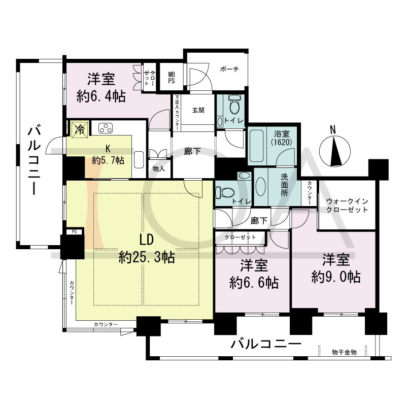 グランドメゾン大手前タワーの間取り図 南西向き角　3LDK+WIC　専有面積122.75m2
バルコニー面積32.34m2
ポーチ面積4.77m2