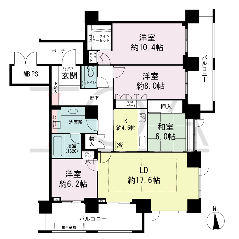 グランドメゾン大手前タワーの間取り図 南向き角　4LDK+WIC　専有面積123.37m2
バルコニー面積26.11m2
ポーチ面積4.53m2