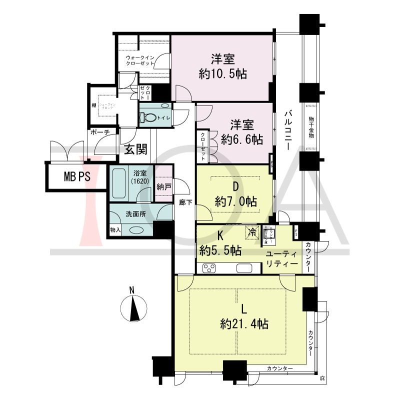 グランドメゾン大手前タワーの間取り図 南東向き角　2LDK+N+WIC+SIC　専有面積131.58m2
バルコニー面積18.68m2
ポーチ面積2.30m2