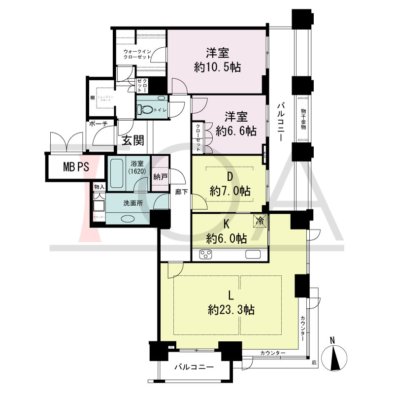 グランドメゾン大手前タワーの間取り図 南東向き角　2LDK+N+WIC+SIC　専有面積134.12m2
バルコニー面積24.08m2
ポーチ面積2.30m2