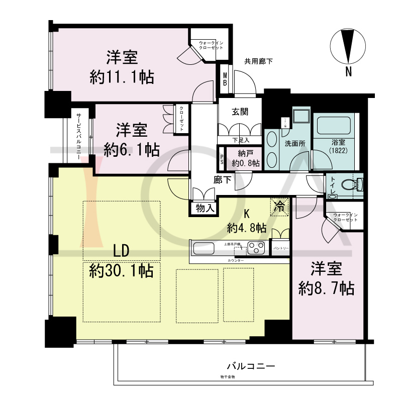 クレヴィアタワー大阪本町の間取り図 北東向き　3LDK+N+WIC　専有面積130.48m2
バルコニー面積14.30m2
サービスバルコニー面積2.42m2