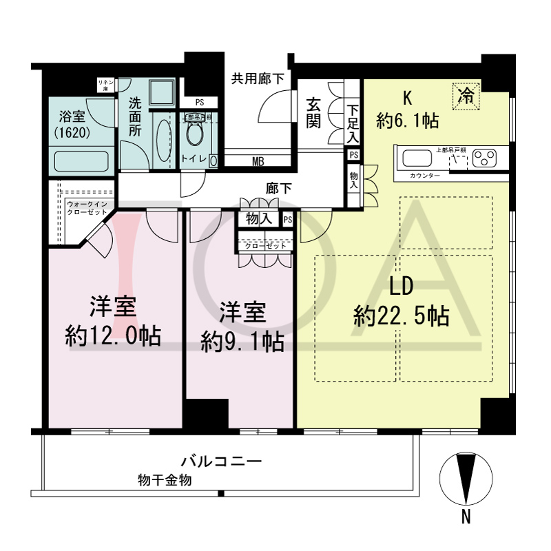 クレヴィアタワー大阪本町の間取り図 北西向き角　2LDK+WIC　専有面積108.35m2
バルコニー面積12.88m2
サービスバルコニー面積1.34m2