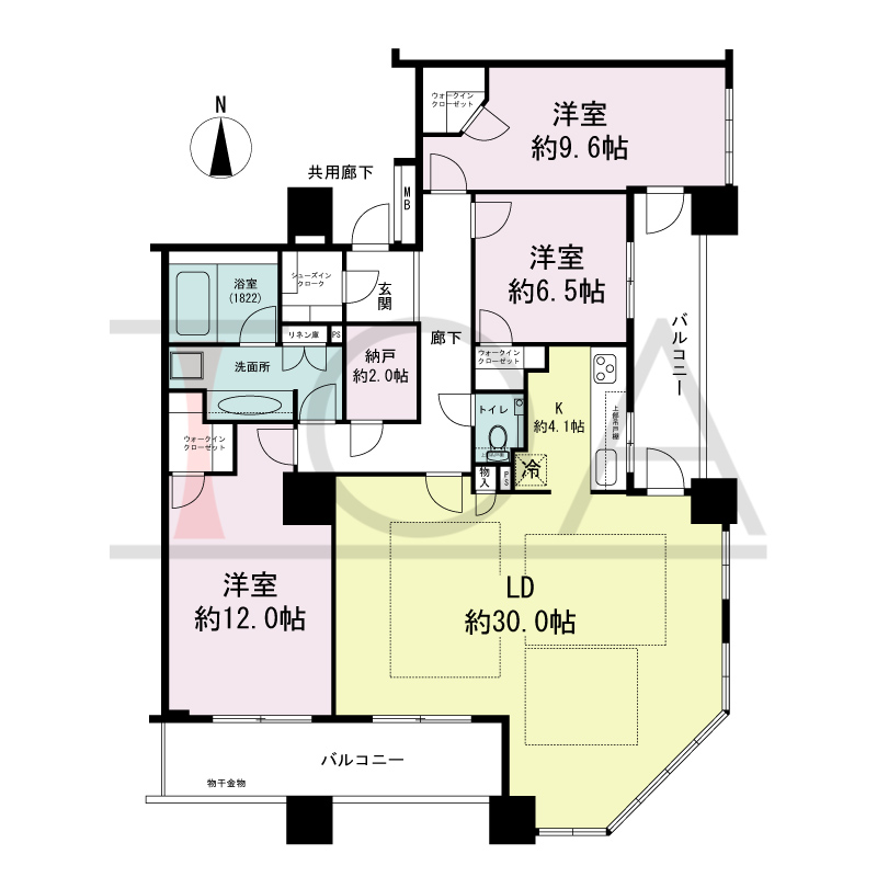 クレヴィアタワー大阪本町の間取り図 南東向き　3LDK+N+WIC+SIC　専有面積137.28m2
バルコニー面積21.44m2