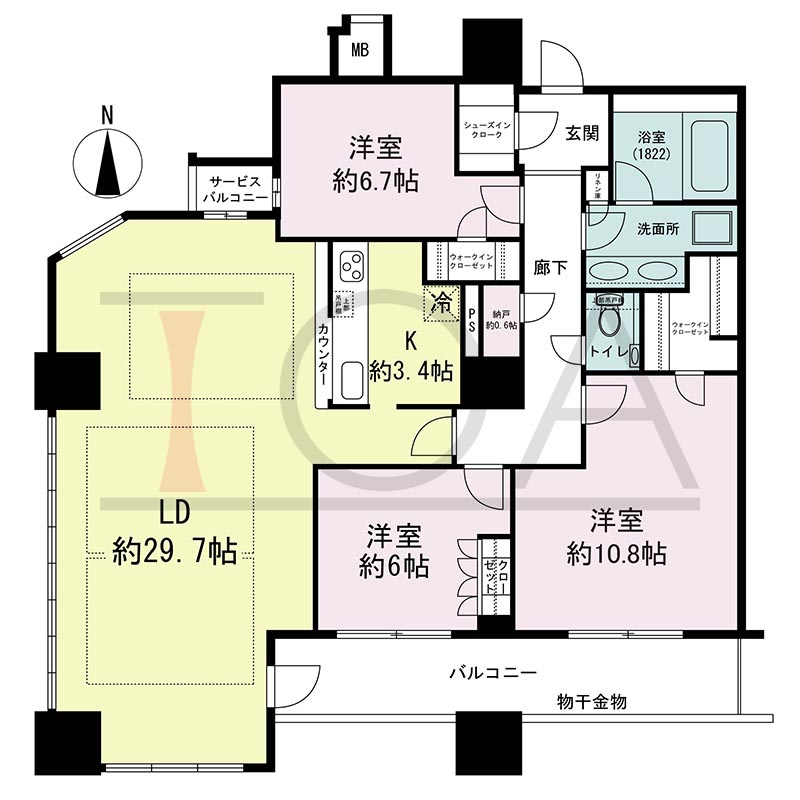 クレヴィアタワー大阪本町の間取り図 南西向き角　3LDK+N+WIC+SIC　専有面積124.20m2
バルコニー面積13.42m2
サービスバルコニー面積1.46m2