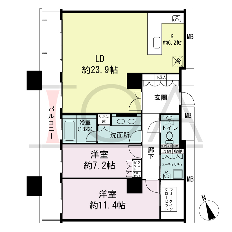 The Kitahama(ザ キタハマ)の間取り図 北西向き 2LDK 専有面積114.71m2
バルコニー面積18.59m2