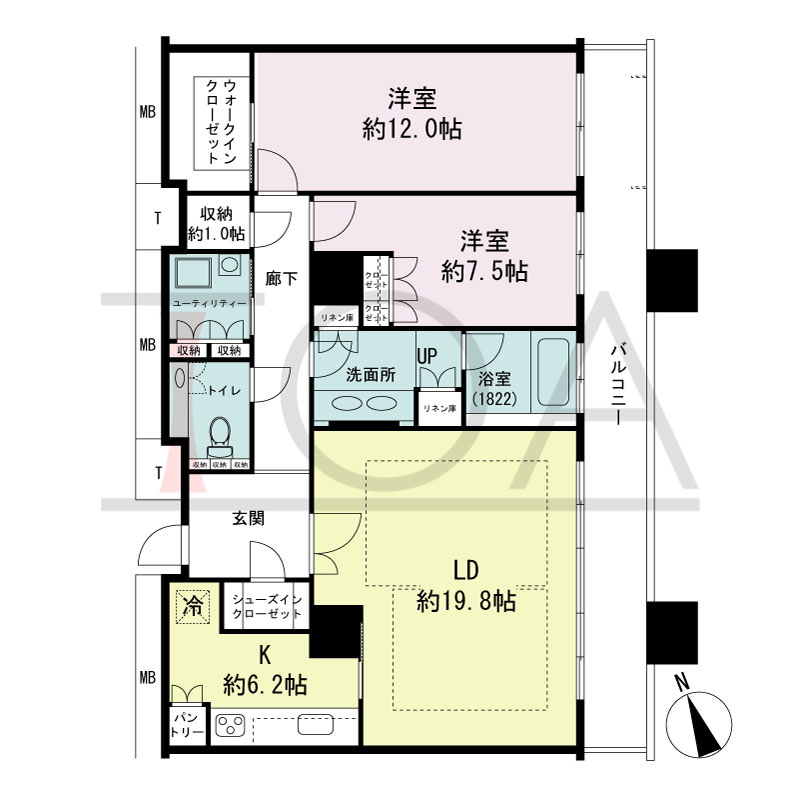 The Kitahama(ザ キタハマ)の間取り図 南東向き 2LDK+Storage room 専有面積114.97m2
バルコニー面積18.59m2