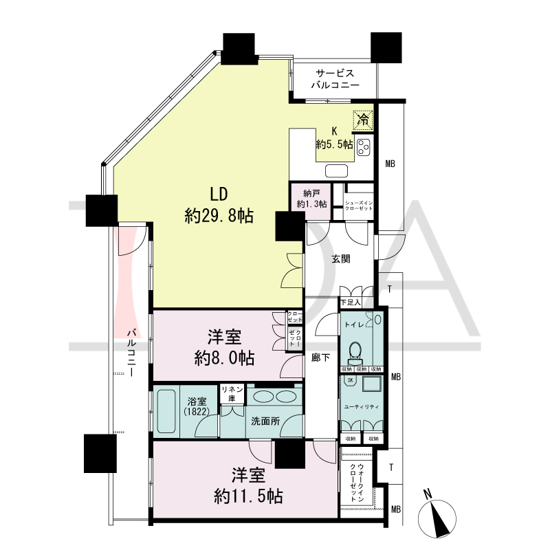 The Kitahama(ザ キタハマ)の間取り図 北西向き角 2LDK+Storage room 専有面積130.89m2
バルコニー面積13.82m2
サービスバルコニー面積2.67m2