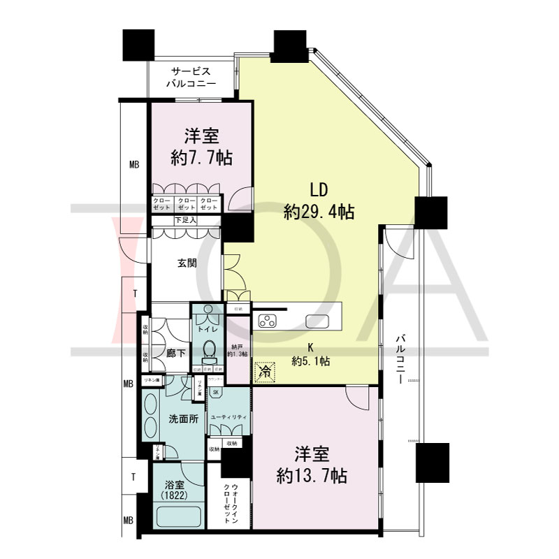 The Kitahama(ザ キタハマ)の間取り図 北東向き角 2LDK+Storage room 専有面積130.89m2
バルコニー面積13.82m2
サービスバルコニー面積2.67m2