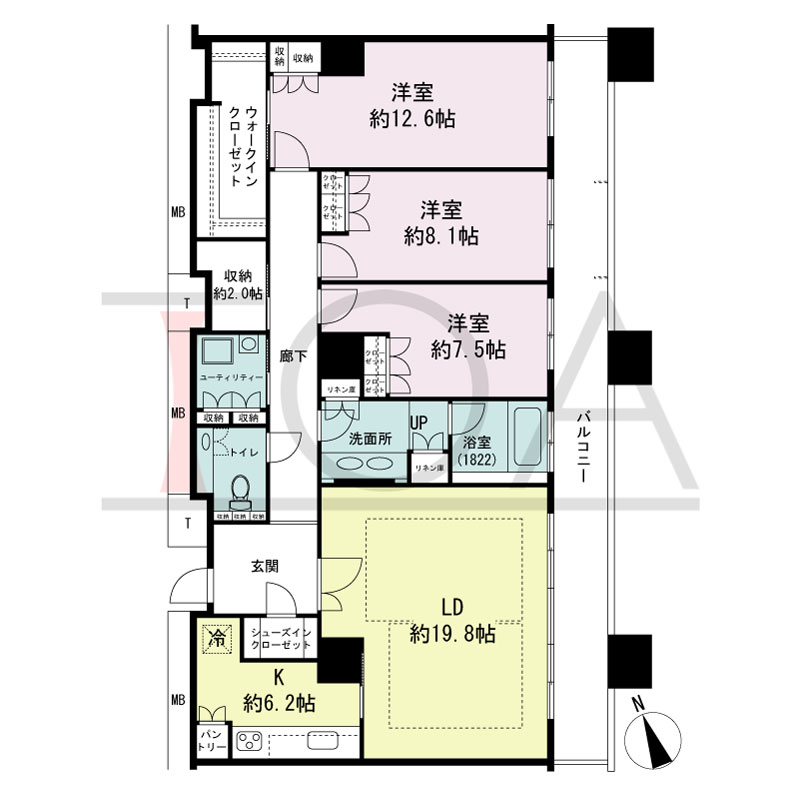 The Kitahama(ザ キタハマ)の間取り図 南東向き 3LDK+Storage room 専有面積137.38m2
バルコニー面積22.24m2