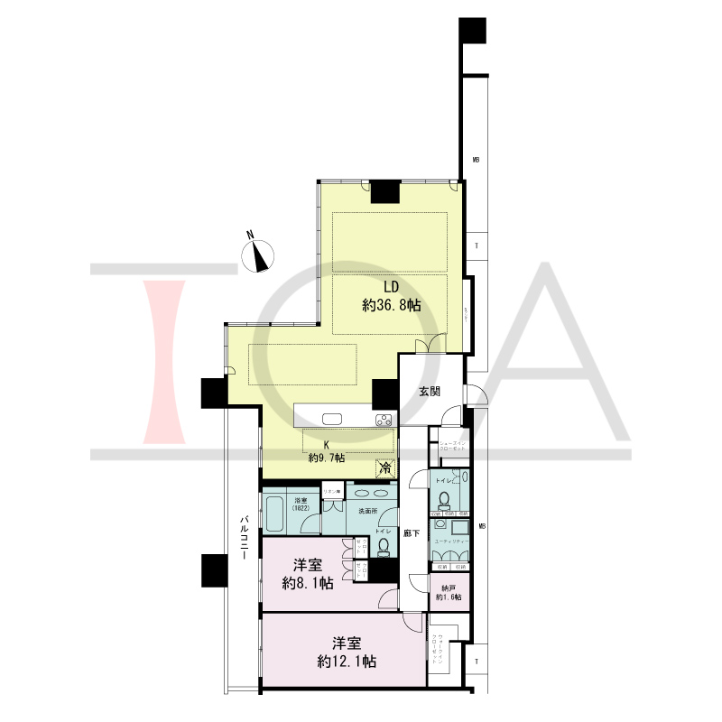 The Kitahama(ザ キタハマ)の間取り図 北西向き角 2LDK+Storage room 専有面積156.04m2
バルコニー面積14.71m2