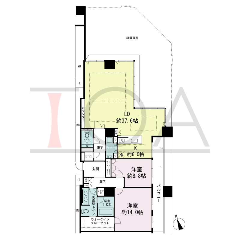 The Kitahama(ザ キタハマ)の間取り図 北東向き角 2LDK 専有面積156.23m2
バルコニー面積14.71m2