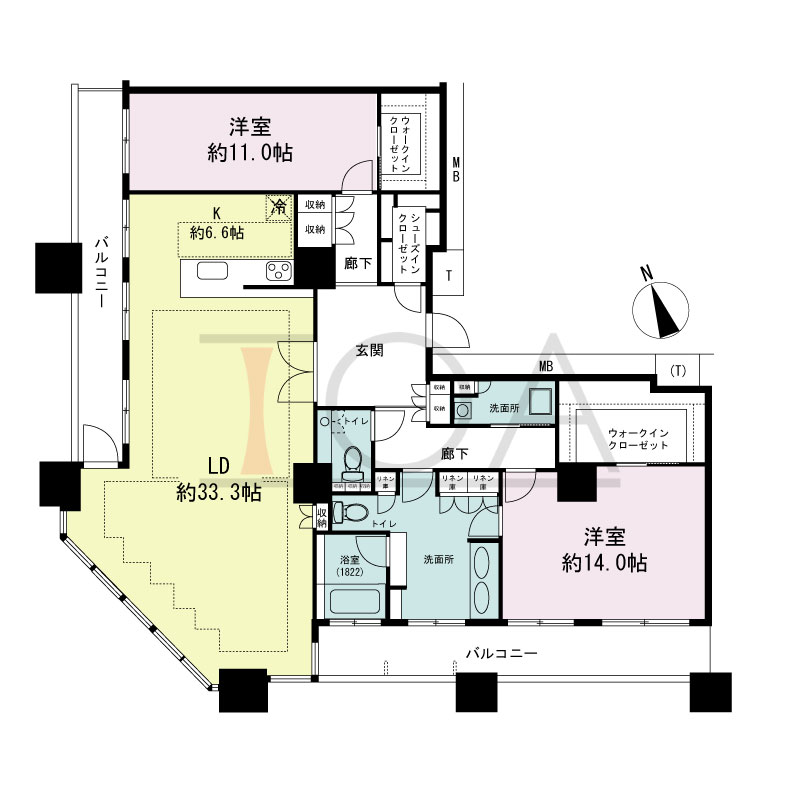 The Kitahama(ザ キタハマ)の間取り図 南西向き 2LDK 専有面積170.63m2
バルコニー面積26.84m2