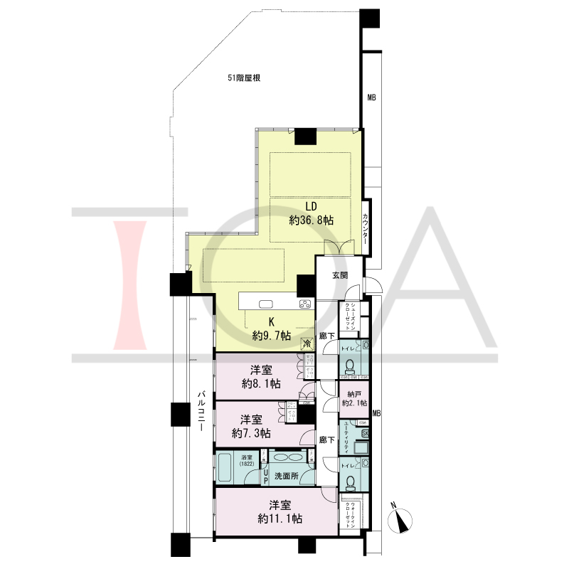 The Kitahama(ザ キタハマ)の間取り図 北東向き角 3LDK+Storage room 専有面積172.78m2
バルコニー面積17.33m2