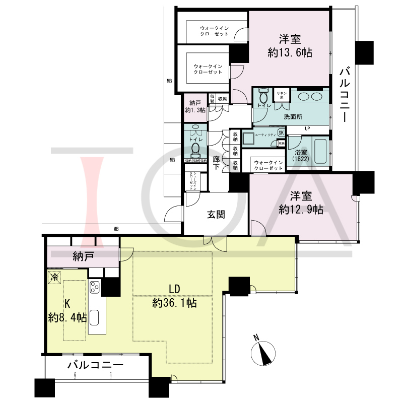 The Kitahama(ザ キタハマ)の間取り図 南東向き 2LDK+Storage room 専有面積185.65m2
バルコニー面積19.15m2