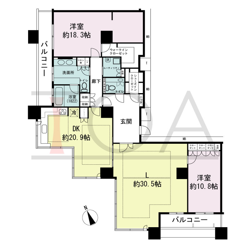The Kitahama(ザ キタハマ)の間取り図 南西向き 2LDK 専有面積186.64m2
バルコニー面積19.15m2