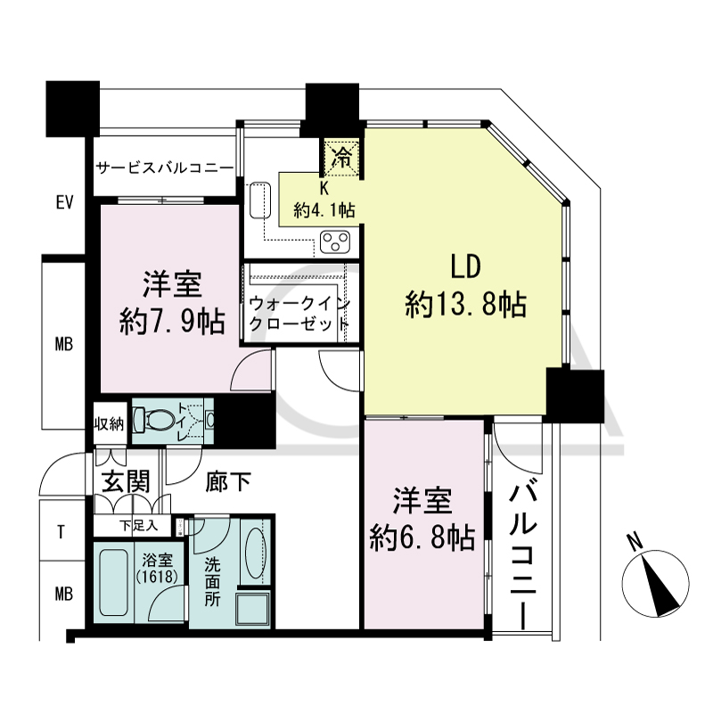 The Kitahama(ザ キタハマ)の間取り図 北東向き角 2LDK+Gallery 専有面積84.54m2
バルコニー面積5.63m2
サービスバルコニー面積2.67m2