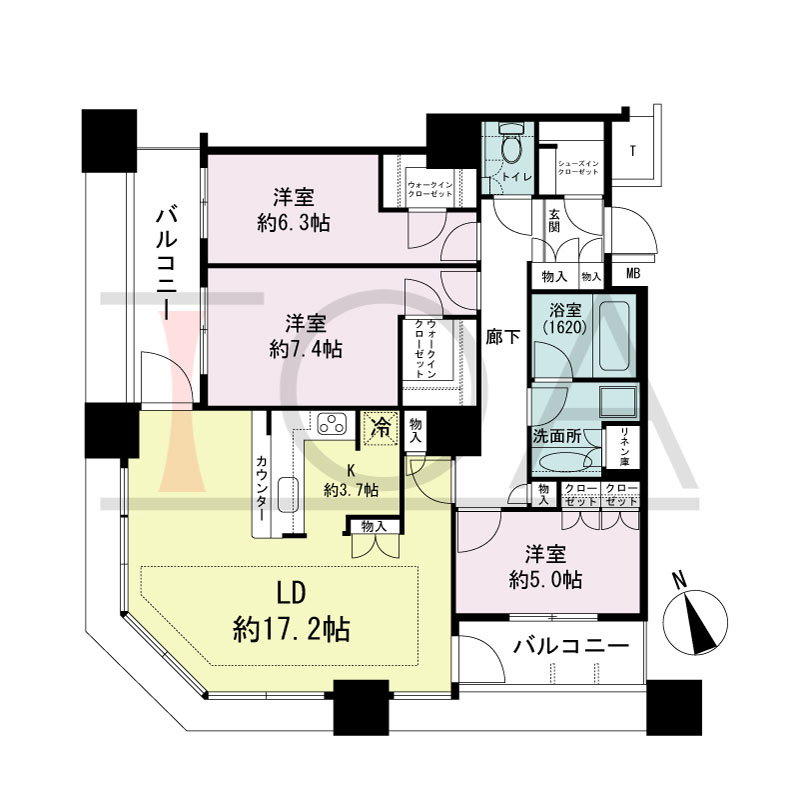 The Kitahama(ザ キタハマ)の間取り図 南西向き 3LDK 専有面積94.91m2
バルコニー面積11.59m2