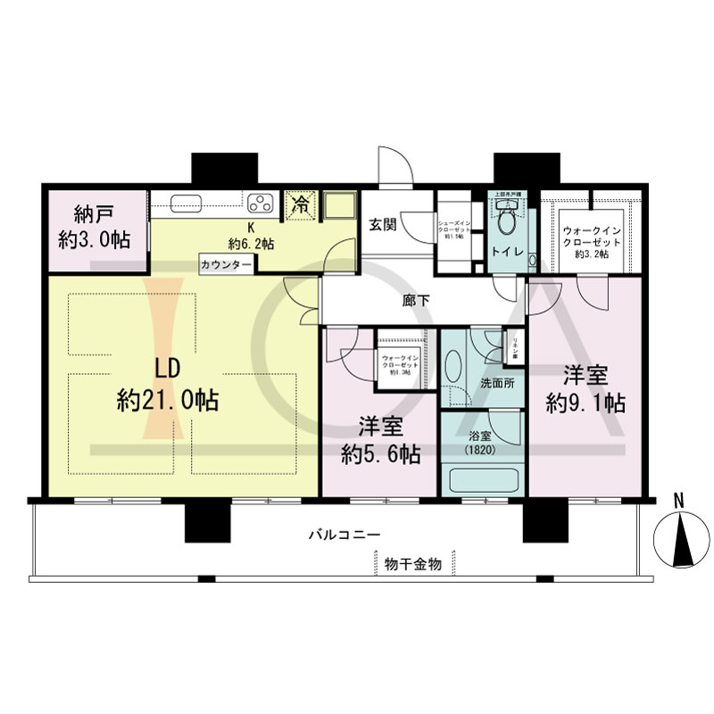 ヴィークタワー南堀江の間取り図 南向き 2LDK+WIC+SIC 専有面積103.60m2
バルコニー面積25.43m2