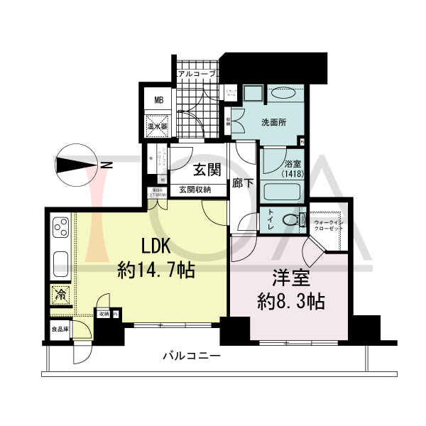 ライオンズマンション大阪スカイタワーの間取り図 東向き　1LDK　専有面積60.70m2
バルコニー面積13.26m2