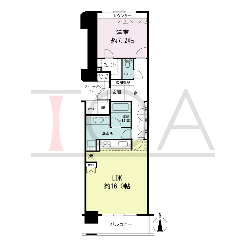 ライオンズマンション大阪スカイタワーの間取り図 南向き　1LDK　専有面積63.95m2
バルコニー面積6.27m2