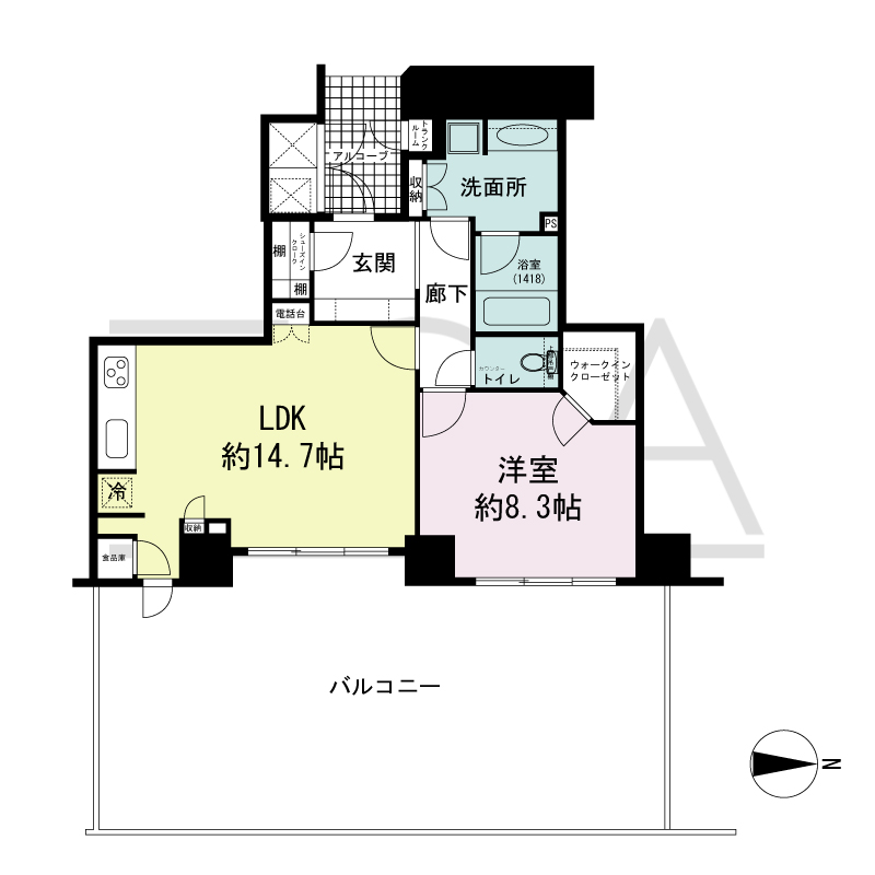 ライオンズマンション大阪スカイタワーの間取り図 東向き 1LDK+WIC 専有面積60.70m2
バルコニー面積13.26m2
ルーフバルコニー面積36.73m2