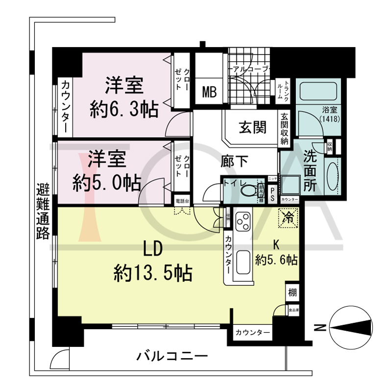 ライオンズマンション大阪スカイタワーの間取り図 西向き角 2LDK 専有面積71.82m2
バルコニー面積10.12m2