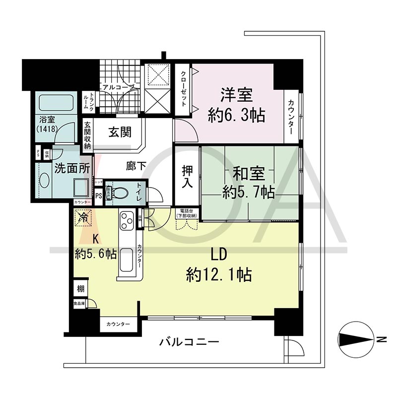 ライオンズマンション大阪スカイタワーの間取り図 東向き角 2LDK 専有面積71.82m2
バルコニー面積10.12m2