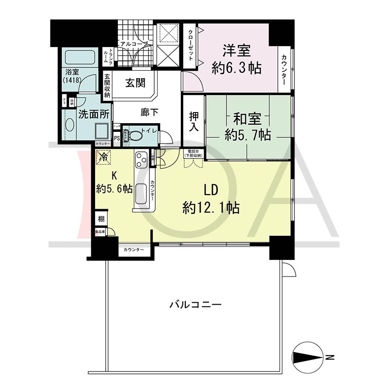 ライオンズマンション大阪スカイタワーの間取り図 東向き角 2LDK 専有面積71.82m2
バルコニー面積10.12m2
ルーフバルコニー面積24.68m2
