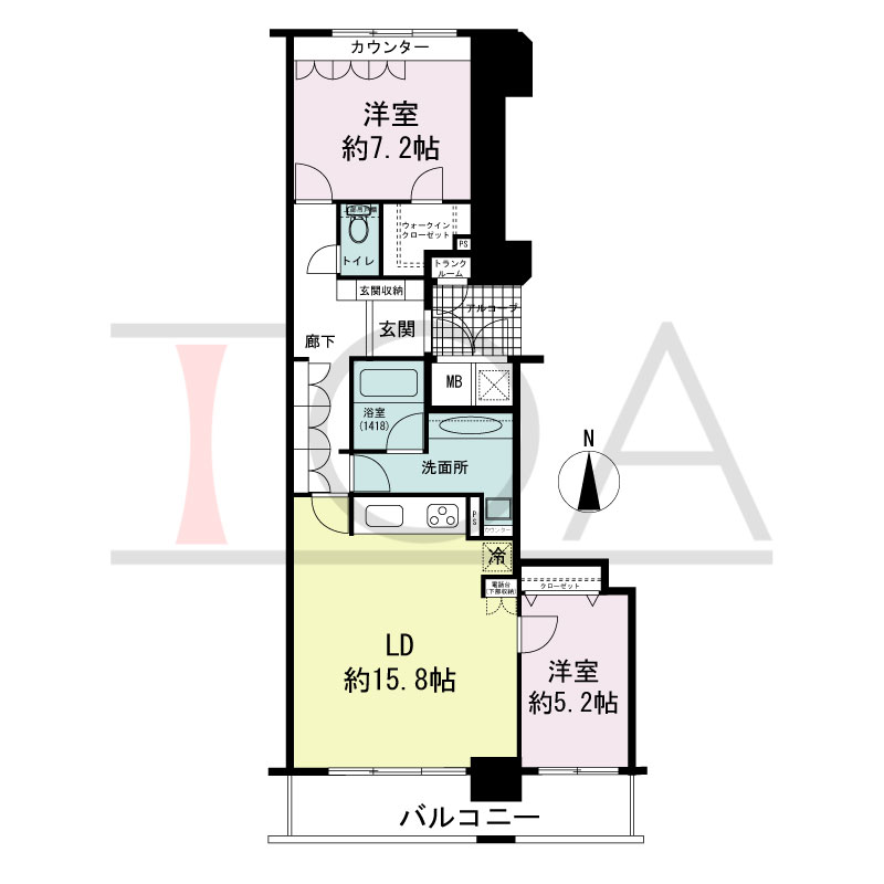 ライオンズマンション大阪スカイタワーの間取り図 南向き 2LDK+WIC 専有面積73.35m2
バルコニー面積10.32m2